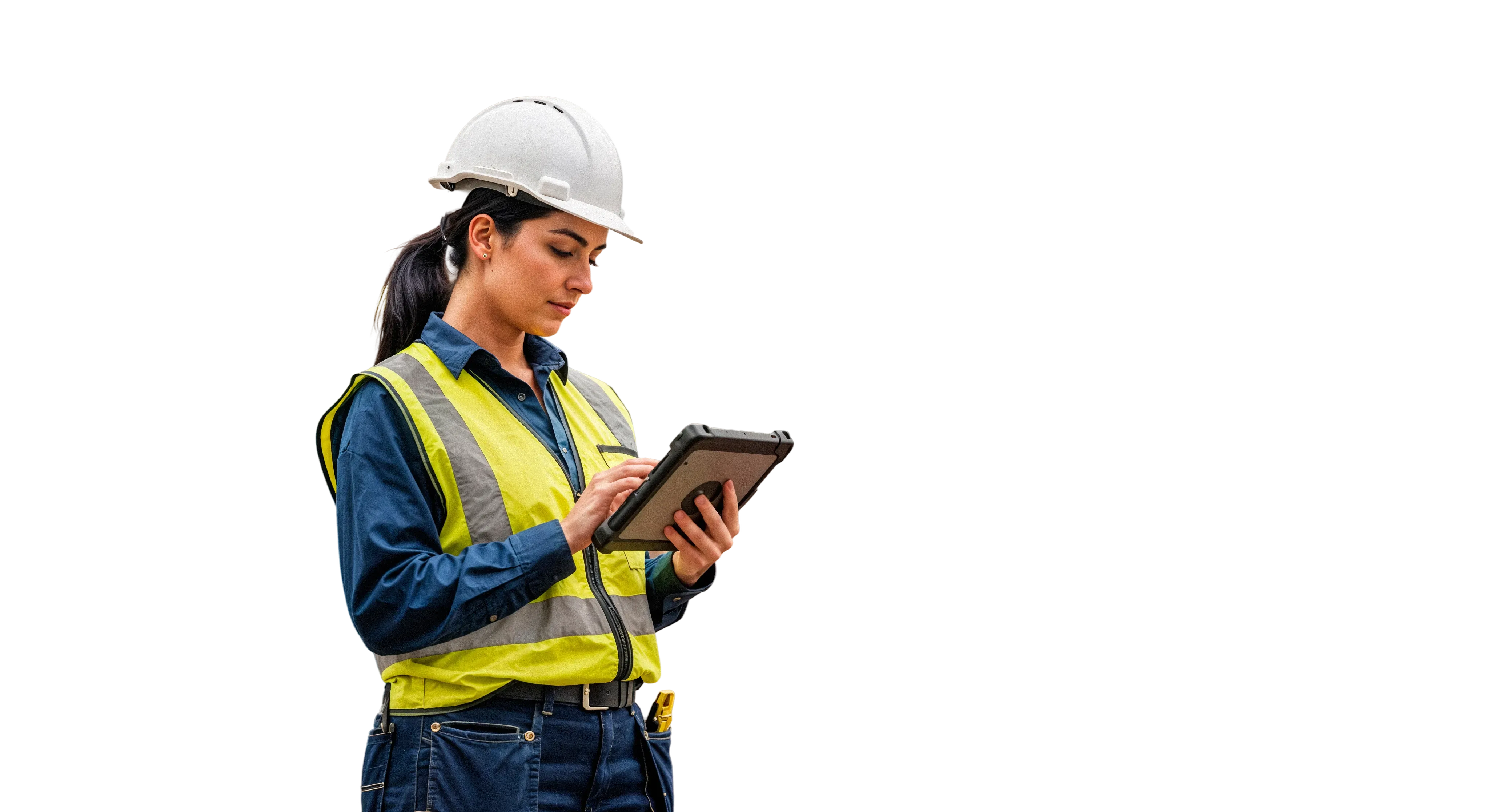 Engenheira em campo inspecionando equipamento industrial com tablet